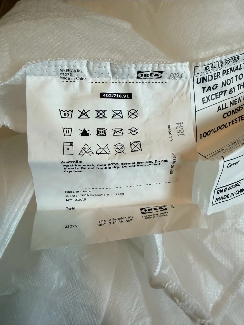 IKEA PUDERVIVA Twin Linen Duvet Cover With MYSKGRAS Insert Taupe Solid w/Ties